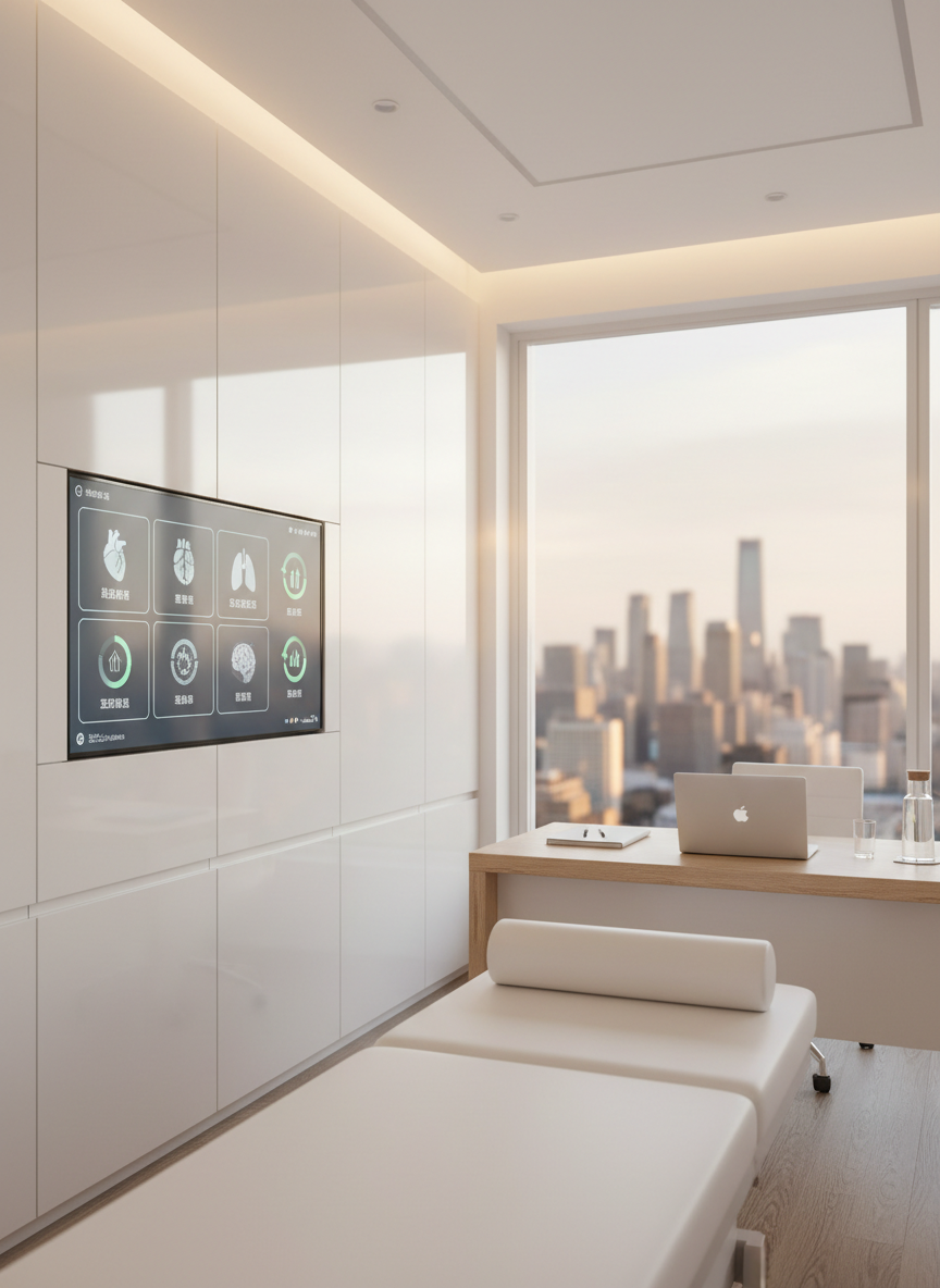 A bright consultation room designed for international medical travelers, furnished with a sleek white exam table, a built-in wall screen displaying non-text icons of body systems and treatment success charts, and a modern white-and-oak desk supporting a slim, non-branded computer. A large window reveals a distant Chinese city skyline with subtle, recognizable contemporary towers, softly blurred. Natural afternoon light mixes with warm recessed ceiling lights, creating a balanced, welcoming glow. The atmosphere is professional yet inviting, suggesting clarity, transparent pricing, and quick appointment access. Photographic realism, shot at eye level with a moderate depth of field so the consultation area is crisp while the city view remains gently out of focus, emphasizing a sense of organized, private, and confidential care without any people present.